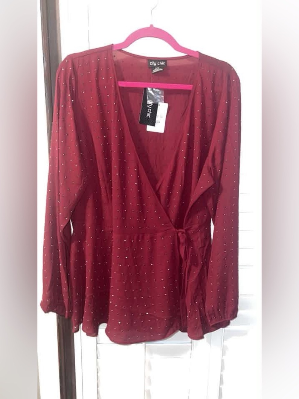 City Chic Wine Wrap Blouse with Subtle Studs
